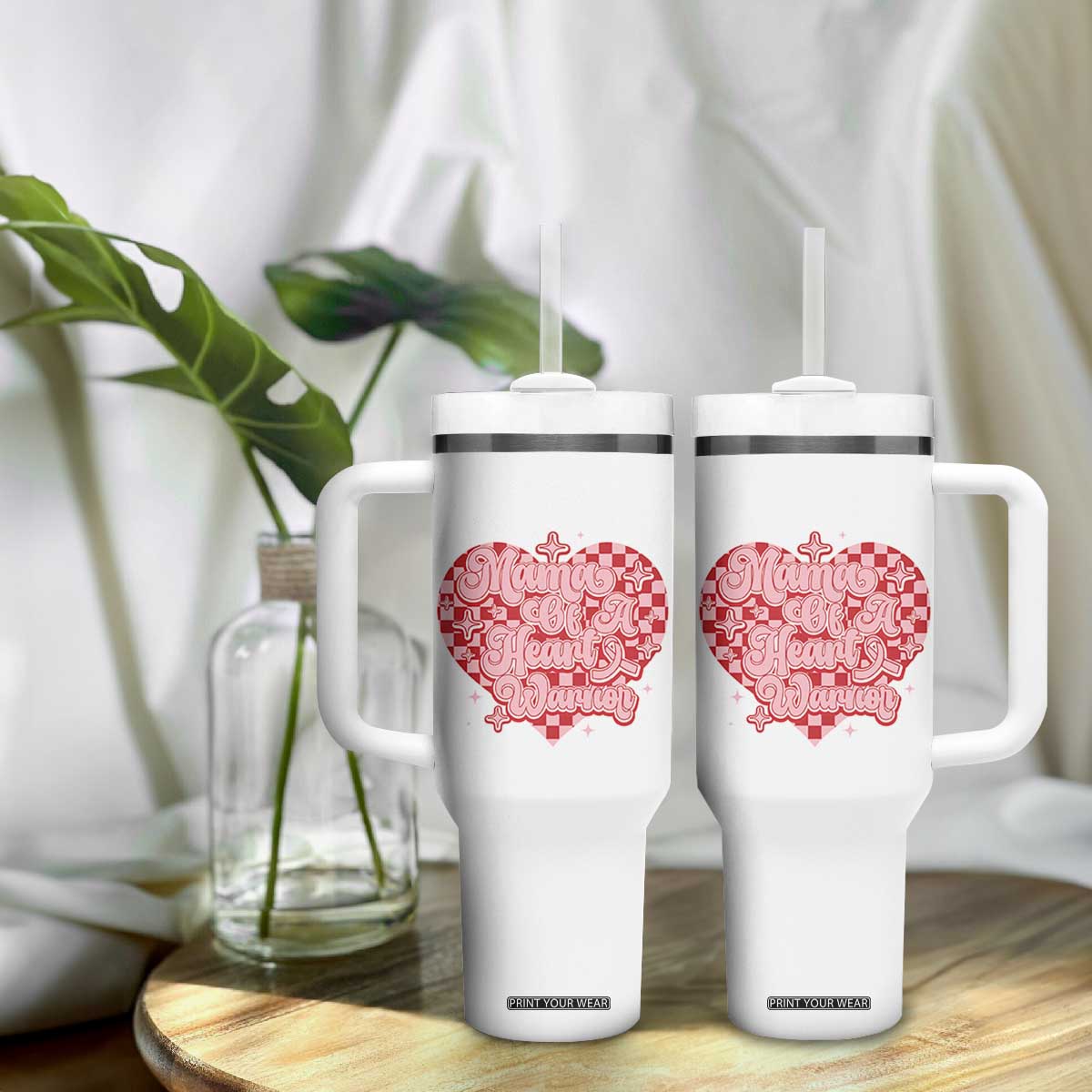 Mama Of A Heart Warrior Tumbler With Handle CHD Awareness Retro Red Checkered Heart TS11 Print Your Wear