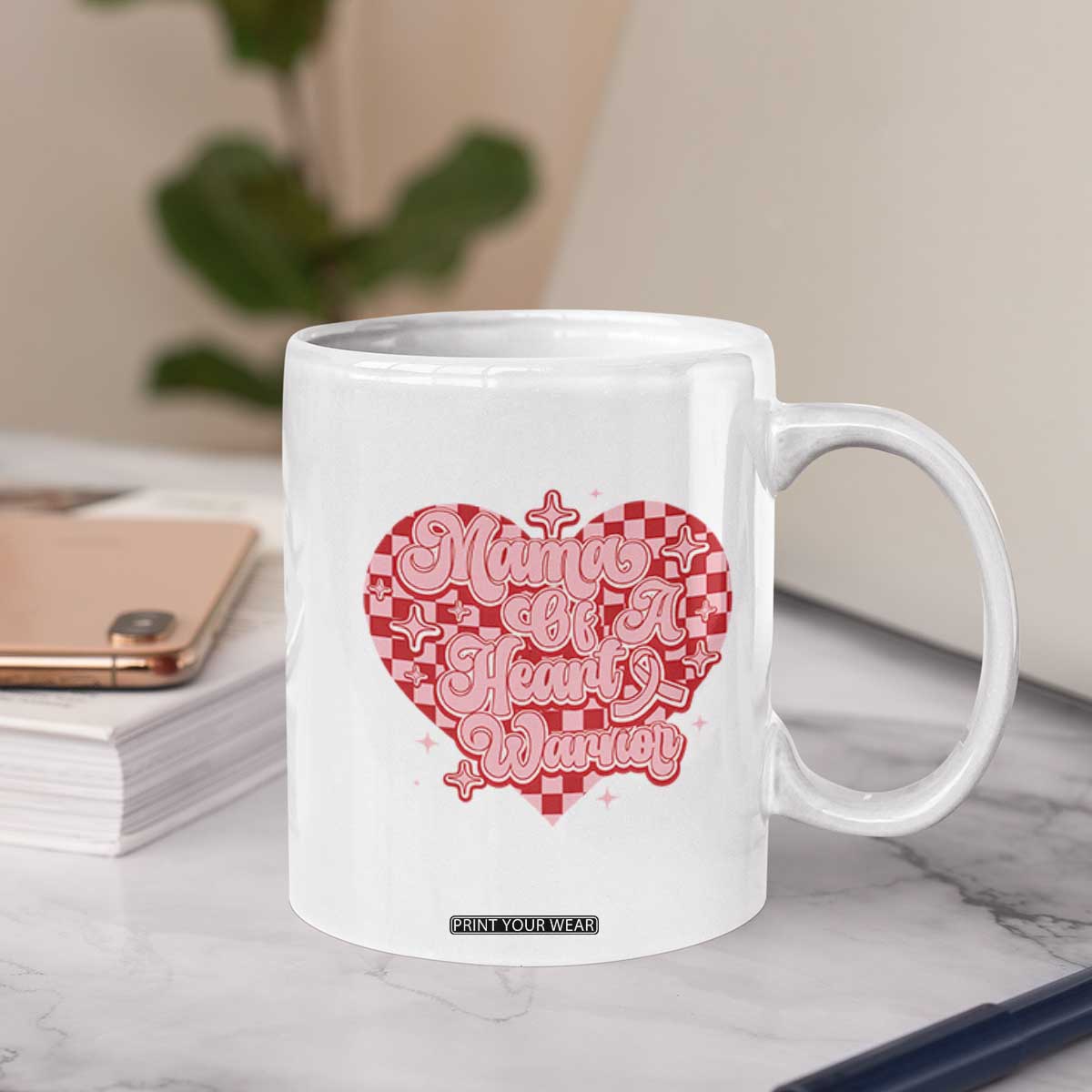Mama Of A Heart Warrior Coffee Mug CHD Awareness Retro Red Checkered Heart TS11 Print Your Wear