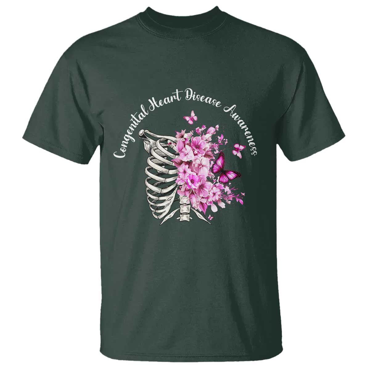 CHD Awareness T Shirt Congenital Heart Disease Awareness Floral Rib Cage TS11 Dark Forest Green Print Your Wear