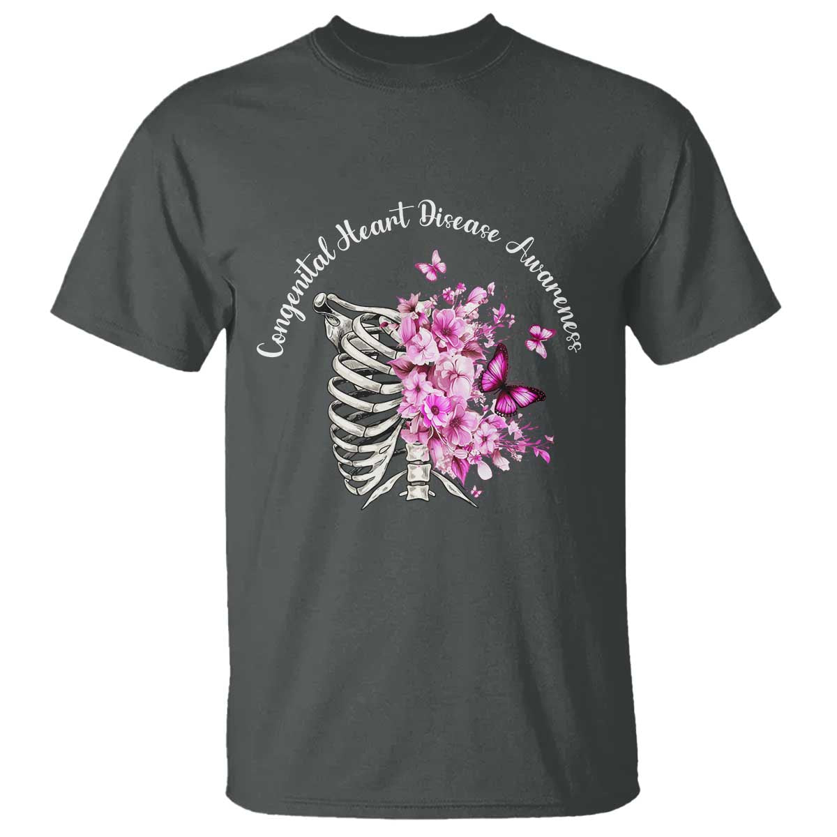 CHD Awareness T Shirt Congenital Heart Disease Awareness Floral Rib Cage TS11 Dark Heather Print Your Wear