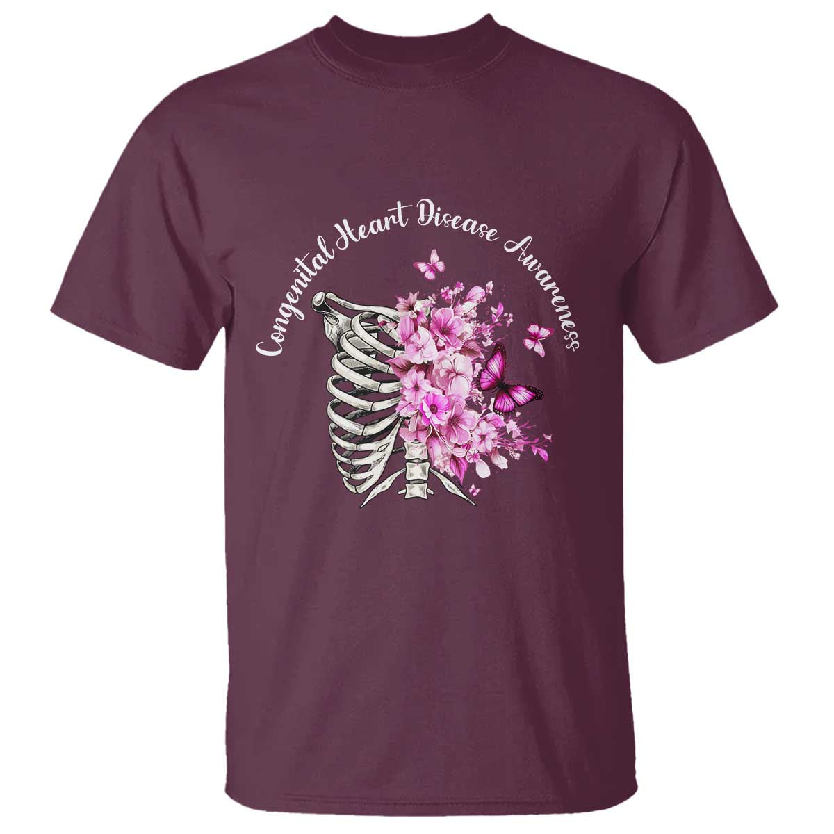 CHD Awareness T Shirt Congenital Heart Disease Awareness Floral Rib Cage TS11 Maroon Print Your Wear