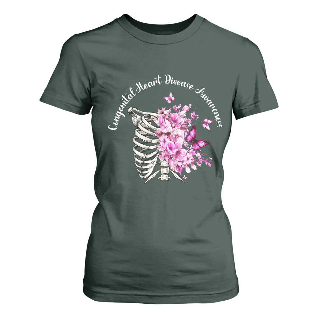 CHD Awareness T Shirt For Women Congenital Heart Disease Awareness Floral Rib Cage TS11 Dark Forest Green Print Your Wear