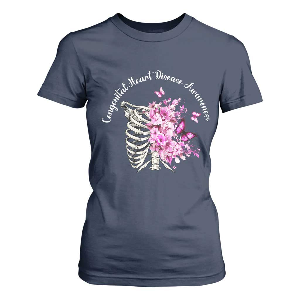 CHD Awareness T Shirt For Women Congenital Heart Disease Awareness Floral Rib Cage TS11 Navy Print Your Wear
