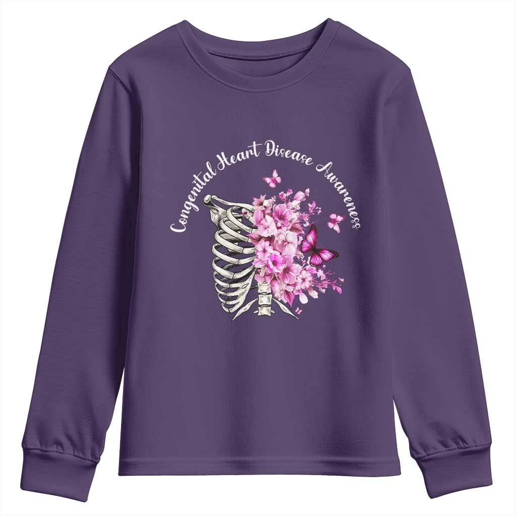 CHD Awareness Youth Sweatshirt Congenital Heart Disease Awareness Floral Rib Cage TS11 Purple Print Your Wear