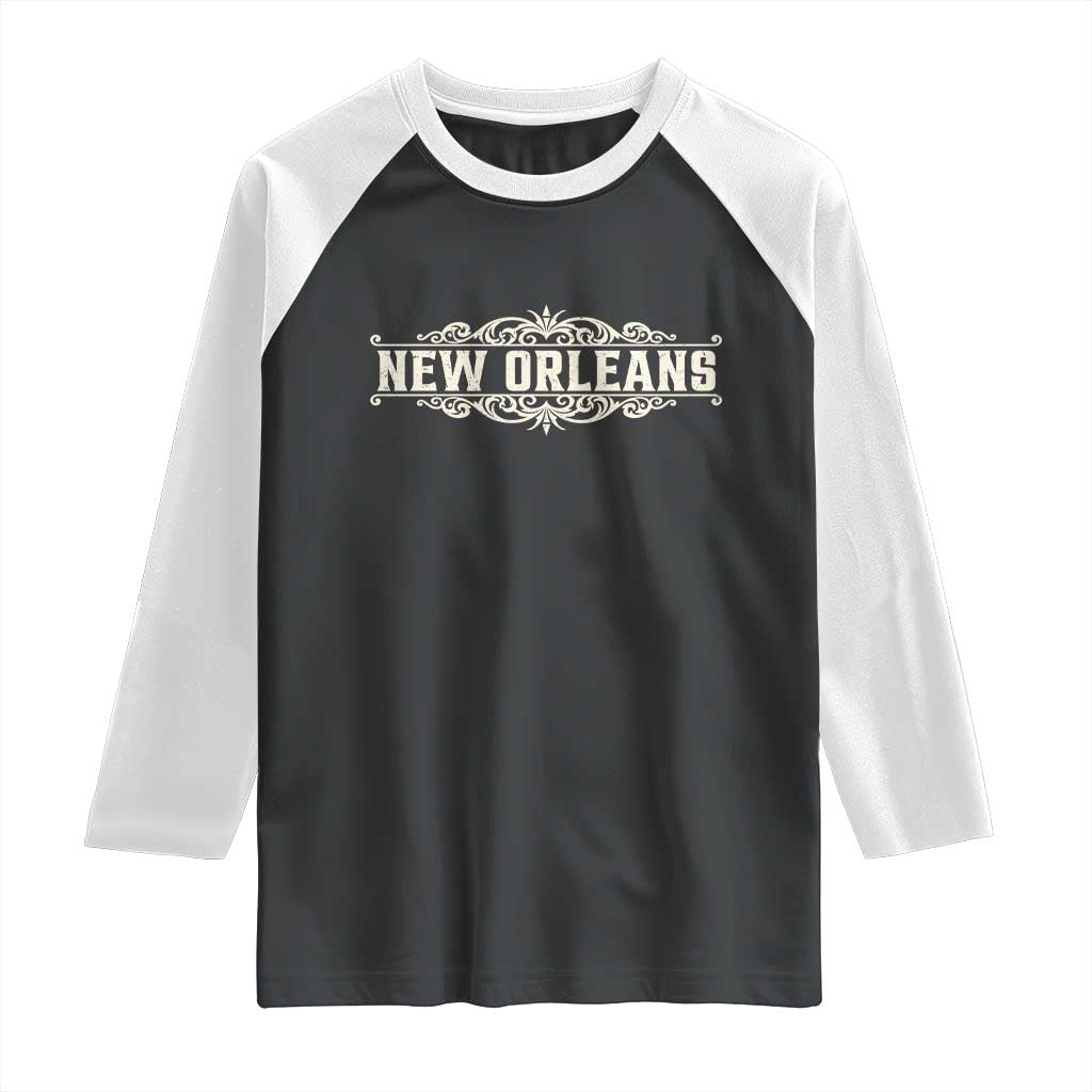NOLA New Orleans Pride Vintage Scrollwork Raglan Shirt TS11 Black White Print Your Wear