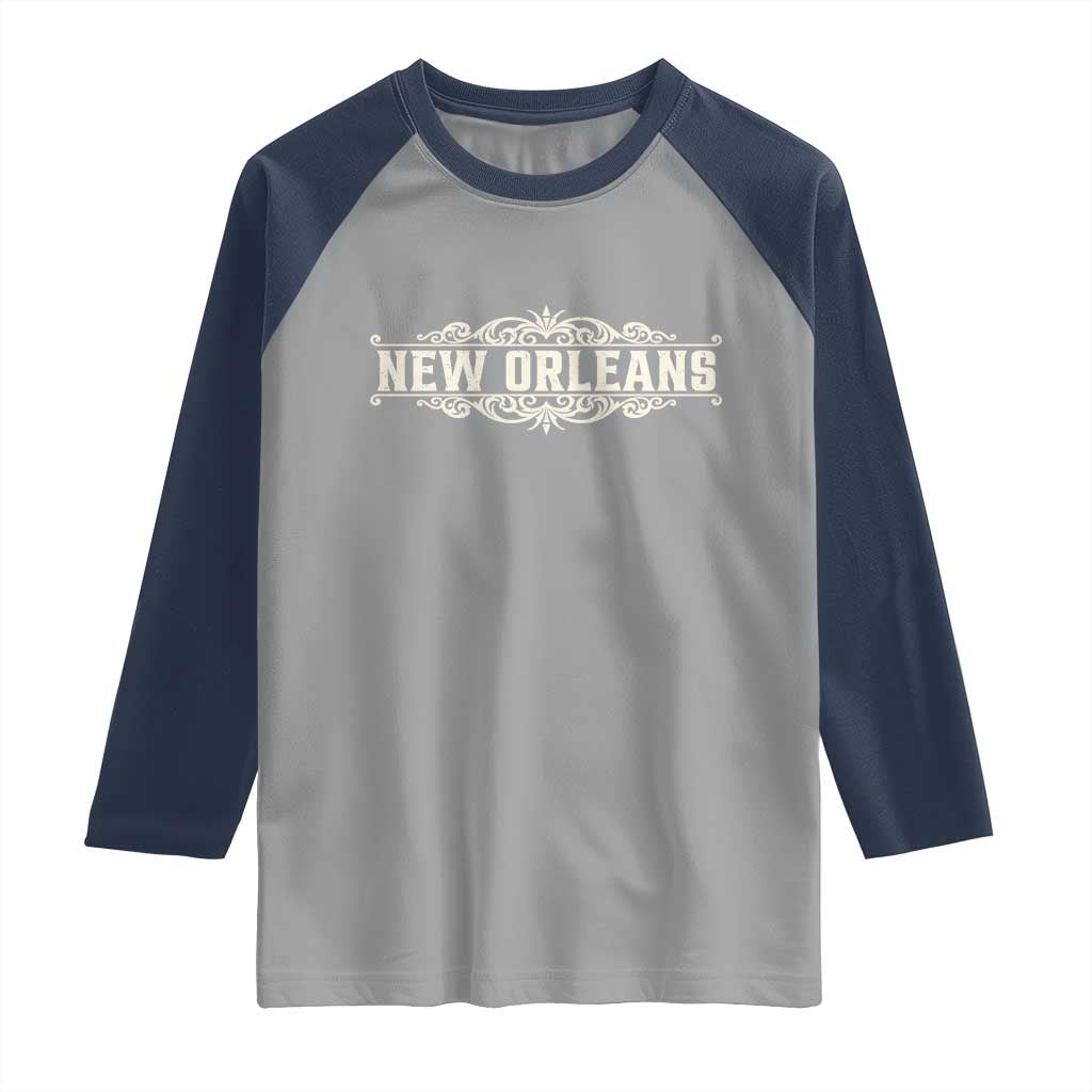 NOLA New Orleans Pride Vintage Scrollwork Raglan Shirt TS11 Sport Gray Navy Print Your Wear