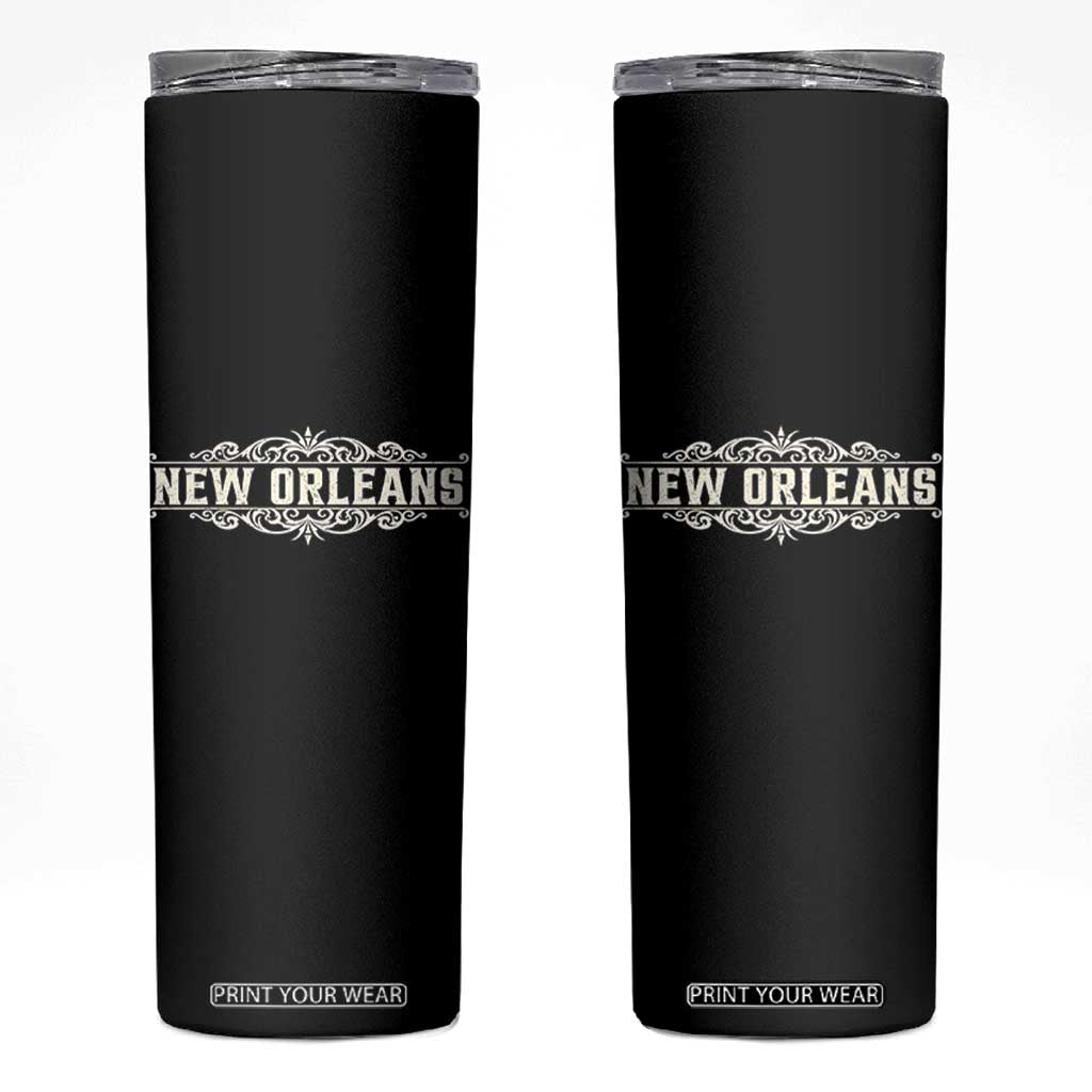 NOLA New Orleans Pride Vintage Scrollwork Skinny Tumbler TS11 Black Print Your Wear