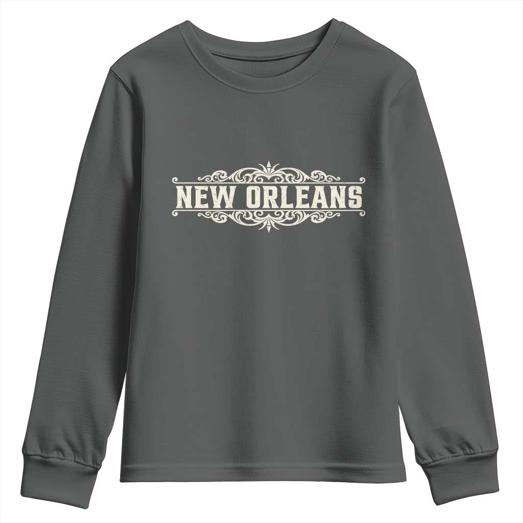 NOLA New Orleans Pride Vintage Scrollwork Youth Sweatshirt TS11 Dark Heather Print Your Wear