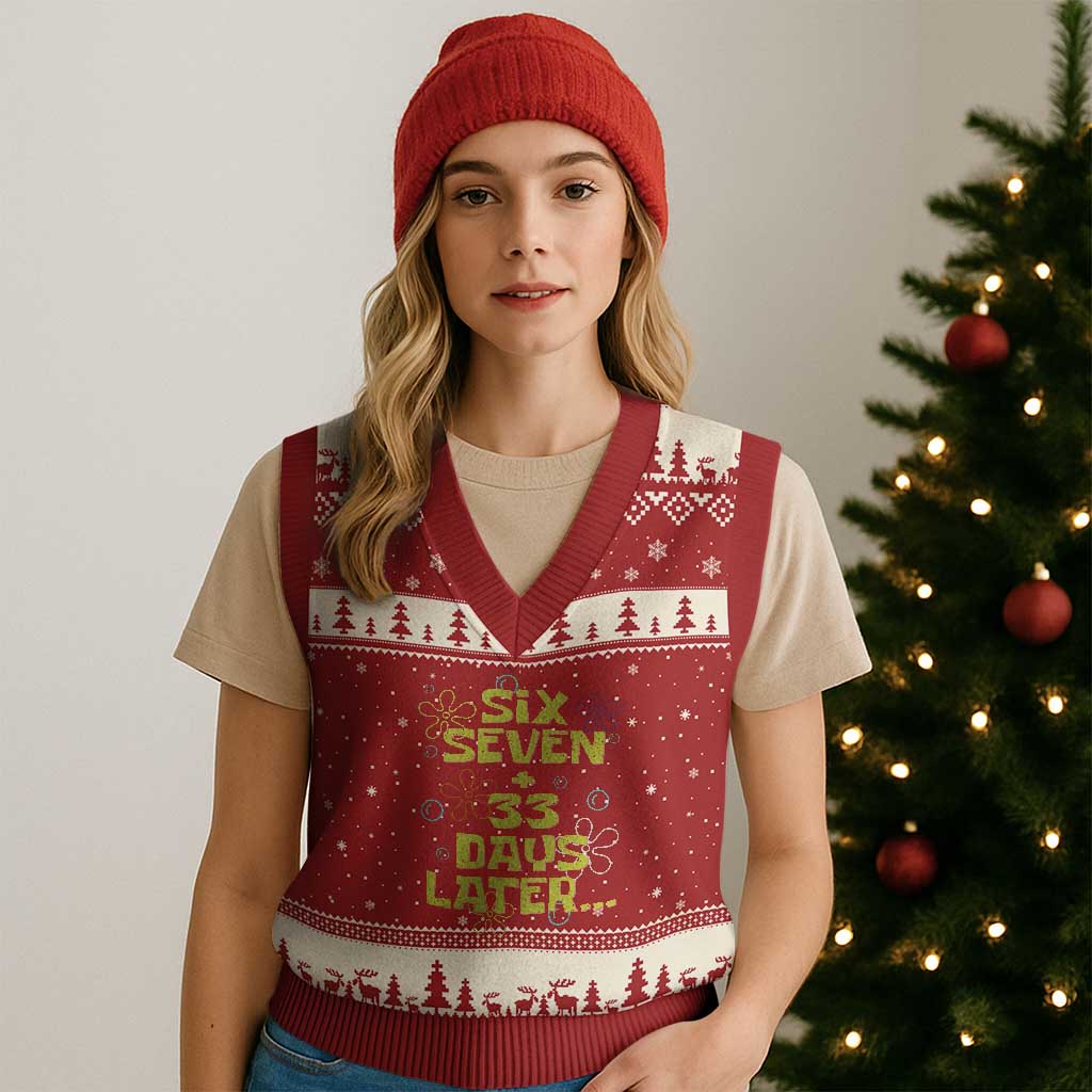 Funny 67 33 100 Days Of School V-Neck Knit Sweater Vest 100th Day Six Seven Days Later TS11 Red Beige Print Your Wear