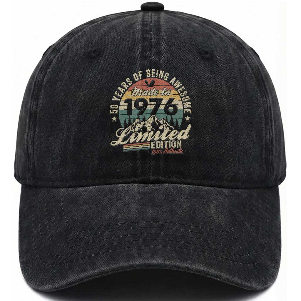 50th Birthday Made In 1976 Washed Cotton Baseball Cap 50 Years Of Being Awesome Vintage Limited Edition TS11 Print Your Wear