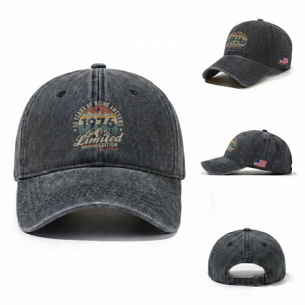50th Birthday Made In 1976 Washed Cotton Baseball Cap 50 Years Of Being Awesome Vintage Limited Edition TS11 Washed Cap Universal Fit Dark Gray Print Your Wear