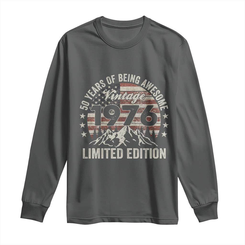50th Birthday Vintage 1976 Limited Edition Long Sleeve Shirt 50 Years Of Being Awesome American Flag TS11 Dark Heather Print Your Wear