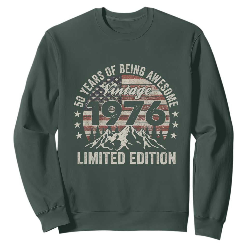 50th Birthday Vintage 1976 Limited Edition Sweatshirt 50 Years Of Being Awesome American Flag TS11 Dark Forest Green Print Your Wear