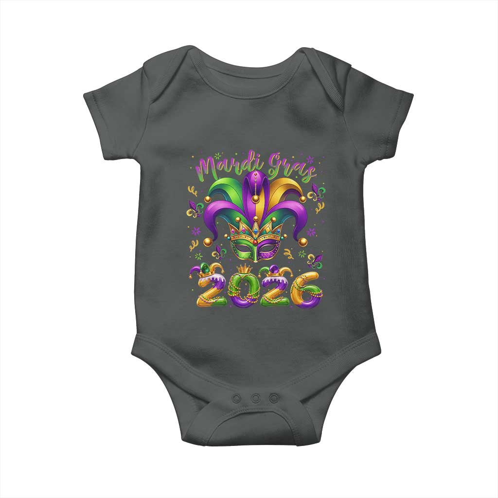 Mardi Gras 2026 Baby Onesie Funny Jester Hat Carnival Fleur De Lis TS11 Dark Heather Print Your Wear
