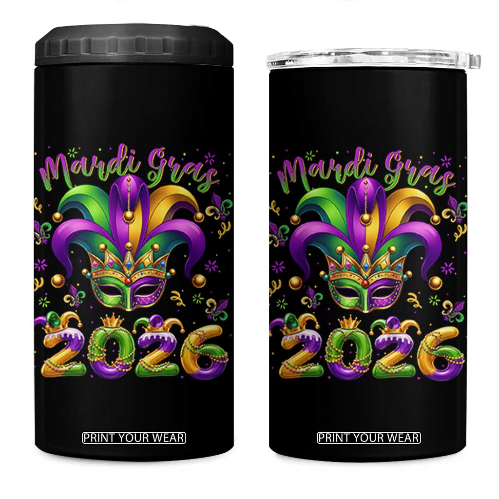 Mardi Gras 2026 4 in 1 Can Cooler Tumbler Funny Jester Hat Carnival Fleur De Lis TS11 One Size: 16 oz Black Print Your Wear