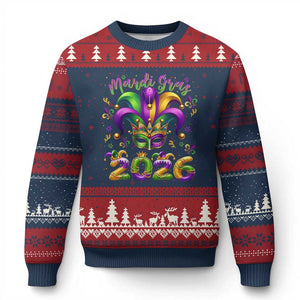 Mardi Gras 2026 Ugly Christmas Sweater Funny Jester Hat Carnival Fleur De Lis TS11 Navy Red Print Your Wear
