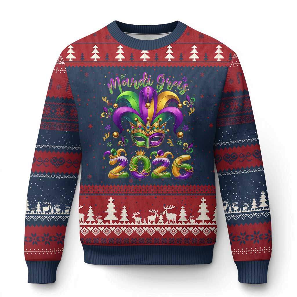 Mardi Gras 2026 Ugly Christmas Sweater Funny Jester Hat Carnival Fleur De Lis TS11 Navy Red Print Your Wear