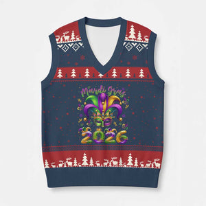 Mardi Gras 2026 V-Neck Knit Sweater Vest Funny Jester Hat Carnival Fleur De Lis TS11 Navy Red Print Your Wear