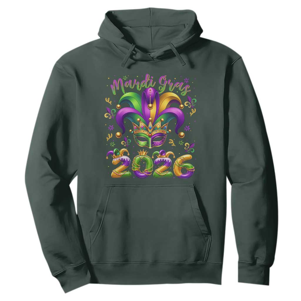 Mardi Gras 2026 Hoodie Funny Jester Hat Carnival Fleur De Lis TS11 Dark Forest Green Print Your Wear