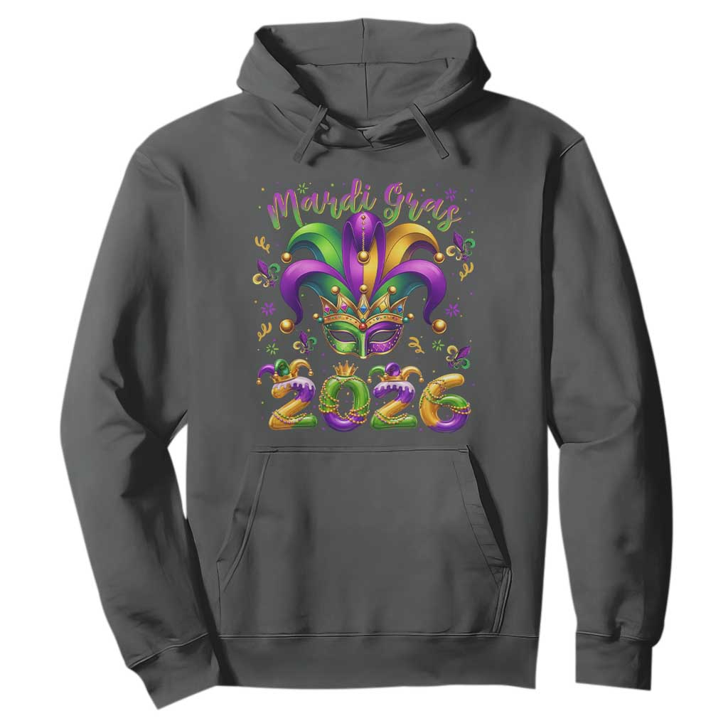 Mardi Gras 2026 Hoodie Funny Jester Hat Carnival Fleur De Lis TS11 Dark Heather Print Your Wear