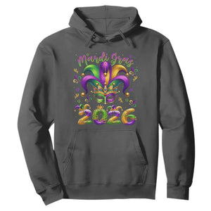 Mardi Gras 2026 Hoodie Funny Jester Hat Carnival Fleur De Lis TS11 Dark Heather Print Your Wear