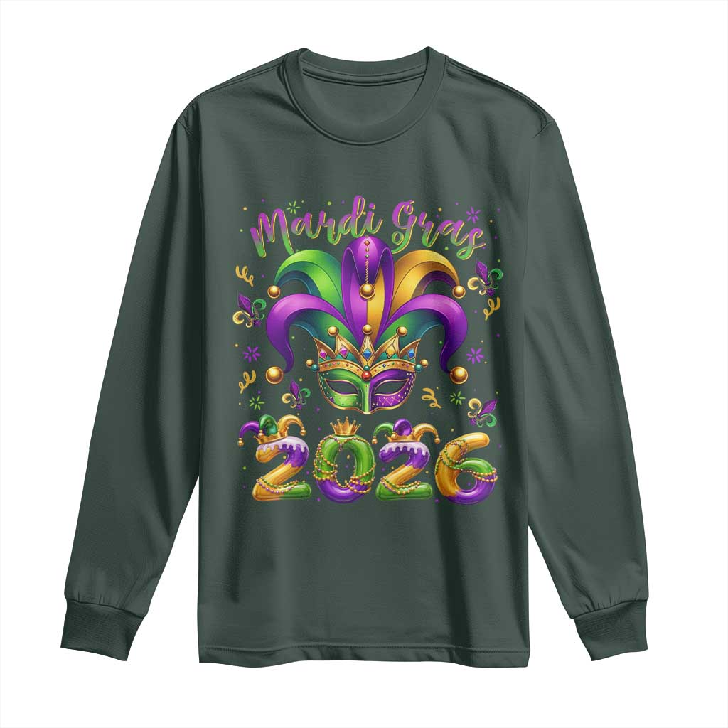 Mardi Gras 2026 Long Sleeve Shirt Funny Jester Hat Carnival Fleur De Lis TS11 Dark Forest Green Print Your Wear