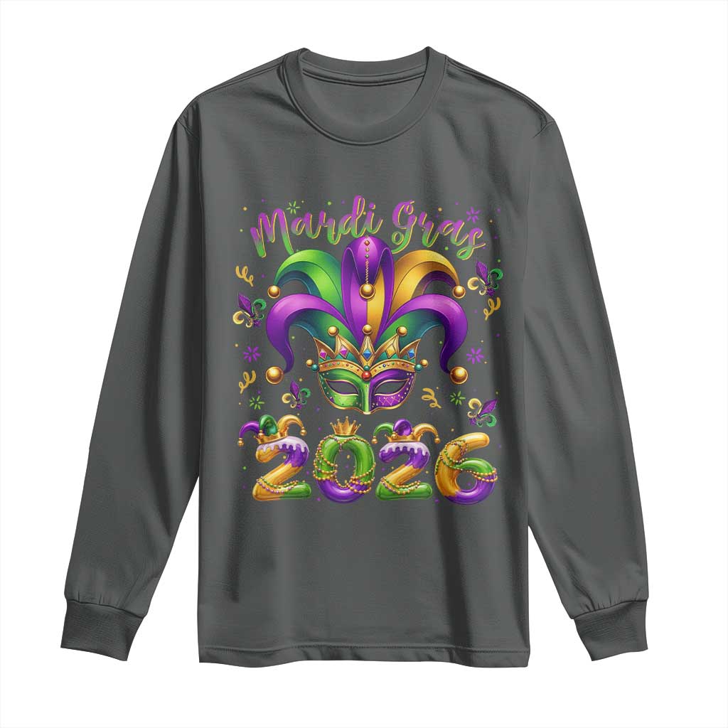 Mardi Gras 2026 Long Sleeve Shirt Funny Jester Hat Carnival Fleur De Lis TS11 Dark Heather Print Your Wear