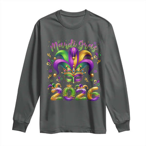 Mardi Gras 2026 Long Sleeve Shirt Funny Jester Hat Carnival Fleur De Lis TS11 Dark Heather Print Your Wear