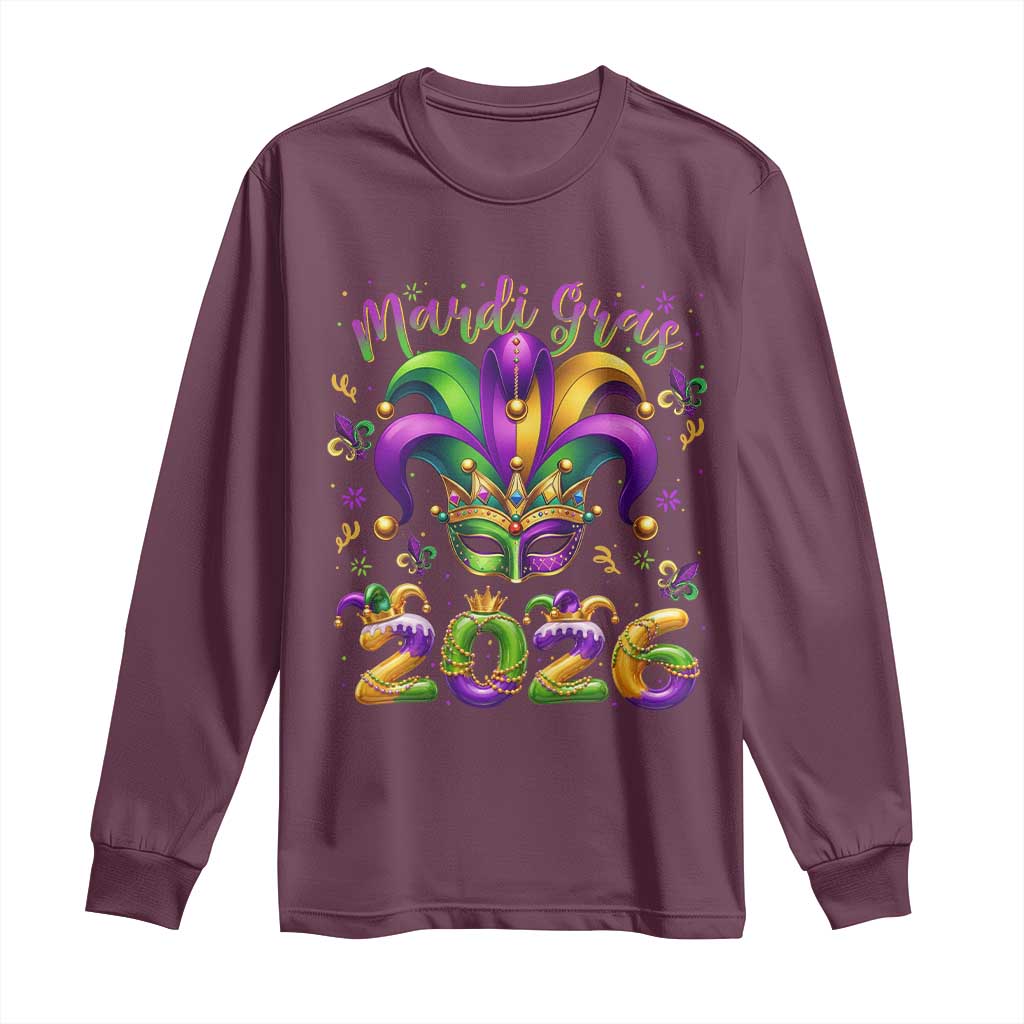 Mardi Gras 2026 Long Sleeve Shirt Funny Jester Hat Carnival Fleur De Lis TS11 Maroon Print Your Wear