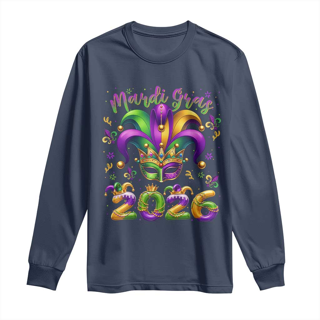 Mardi Gras 2026 Long Sleeve Shirt Funny Jester Hat Carnival Fleur De Lis TS11 Navy Print Your Wear