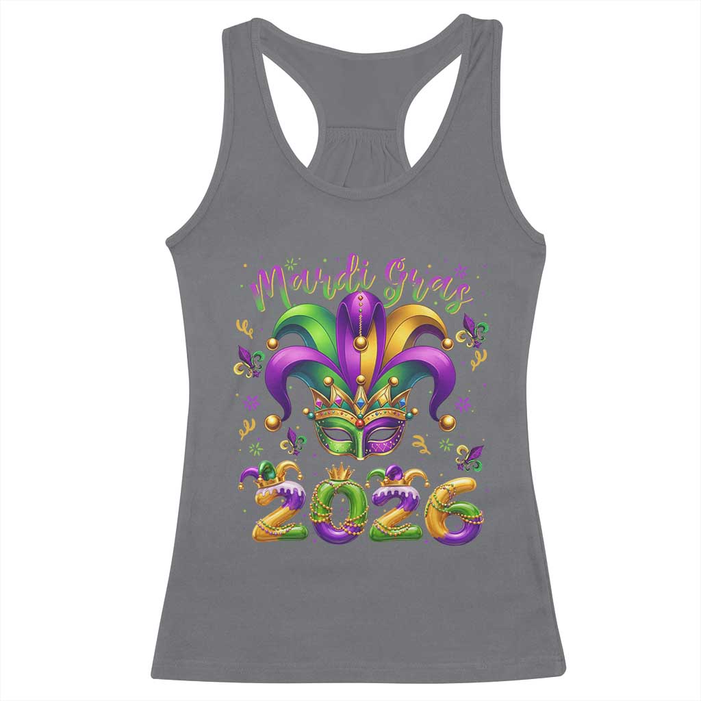 Mardi Gras 2026 Racerback Tank Top Funny Jester Hat Carnival Fleur De Lis TS11 Charcoal Print Your Wear