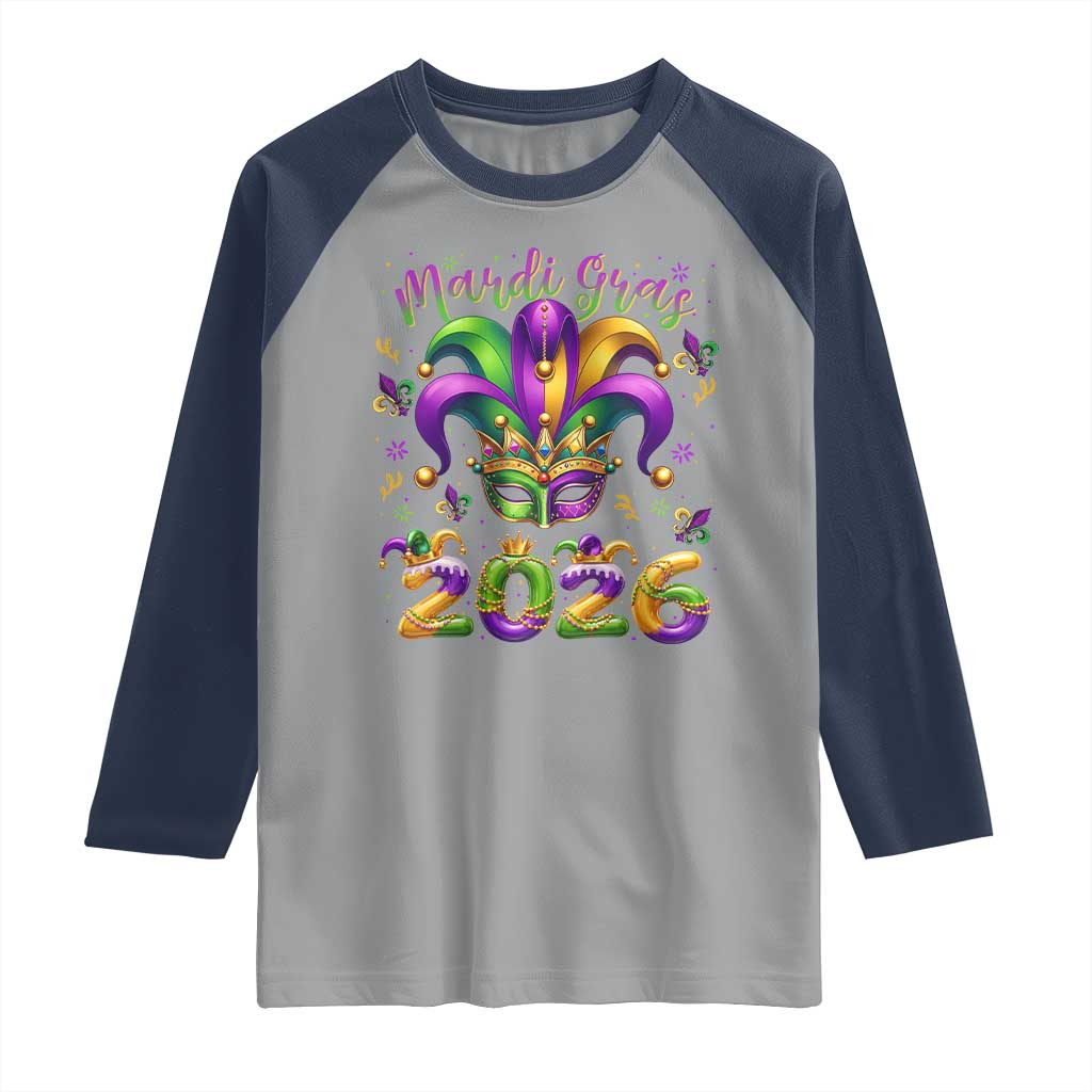 Mardi Gras 2026 Raglan Shirt Funny Jester Hat Carnival Fleur De Lis TS11 Sport Gray Navy Print Your Wear