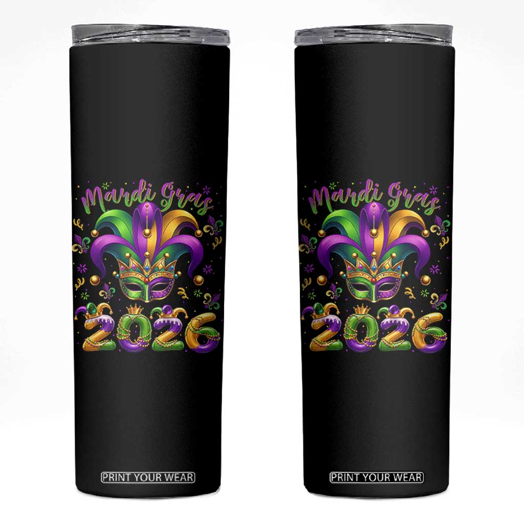 Mardi Gras 2026 Skinny Tumbler Funny Jester Hat Carnival Fleur De Lis TS11 Black Print Your Wear