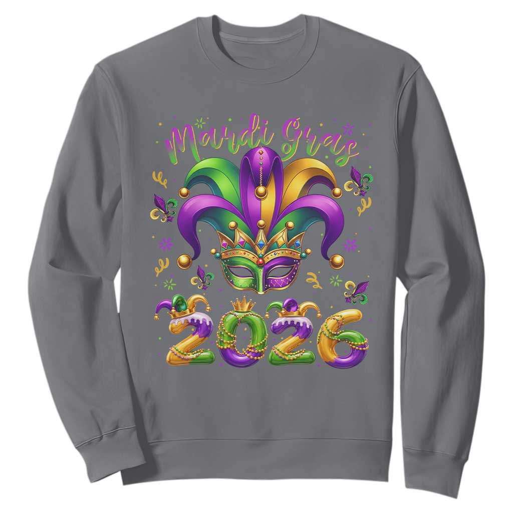 Mardi Gras 2026 Sweatshirt Funny Jester Hat Carnival Fleur De Lis TS11 Charcoal Print Your Wear