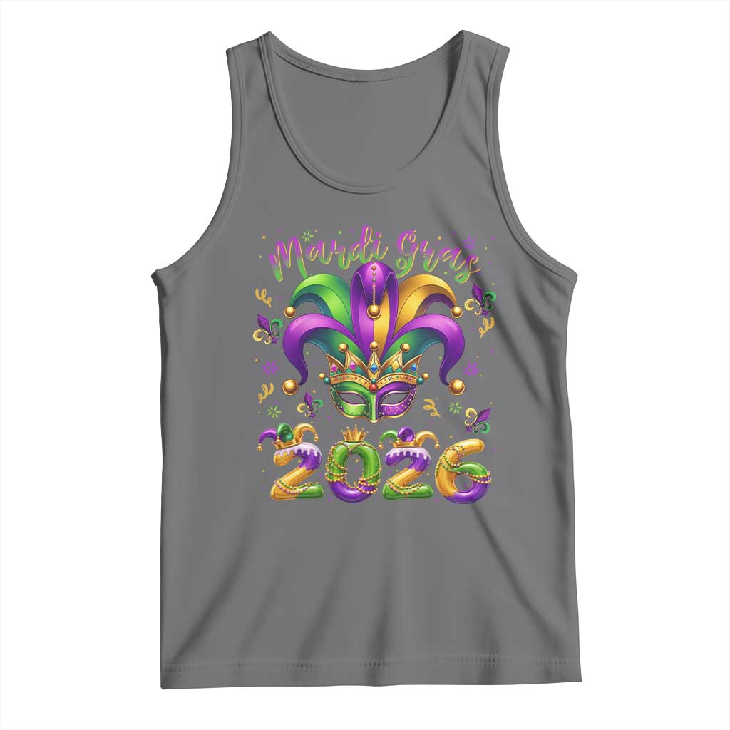 Mardi Gras 2026 Tank Top Funny Jester Hat Carnival Fleur De Lis TS11 Black Heather Print Your Wear