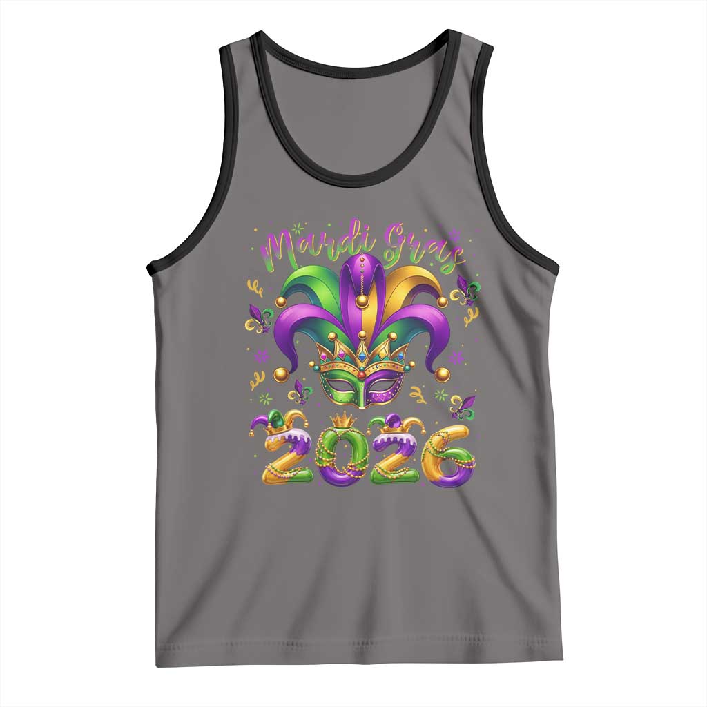 Mardi Gras 2026 Tank Top Funny Jester Hat Carnival Fleur De Lis TS11 Deep Heather Black Print Your Wear