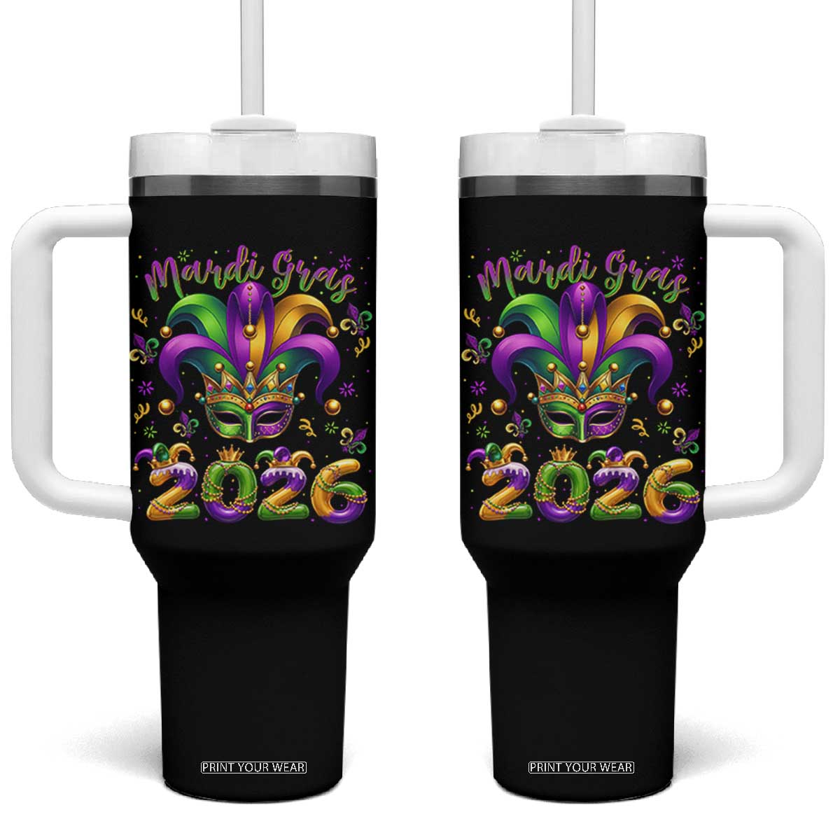 Mardi Gras 2026 Tumbler With Handle Funny Jester Hat Carnival Fleur De Lis TS11 One Size: 40 oz Black Print Your Wear