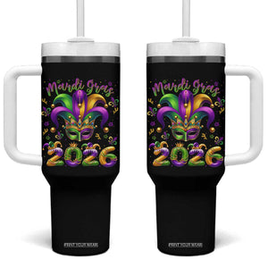 Mardi Gras 2026 Tumbler With Handle Funny Jester Hat Carnival Fleur De Lis TS11 One Size: 40 oz Black Print Your Wear