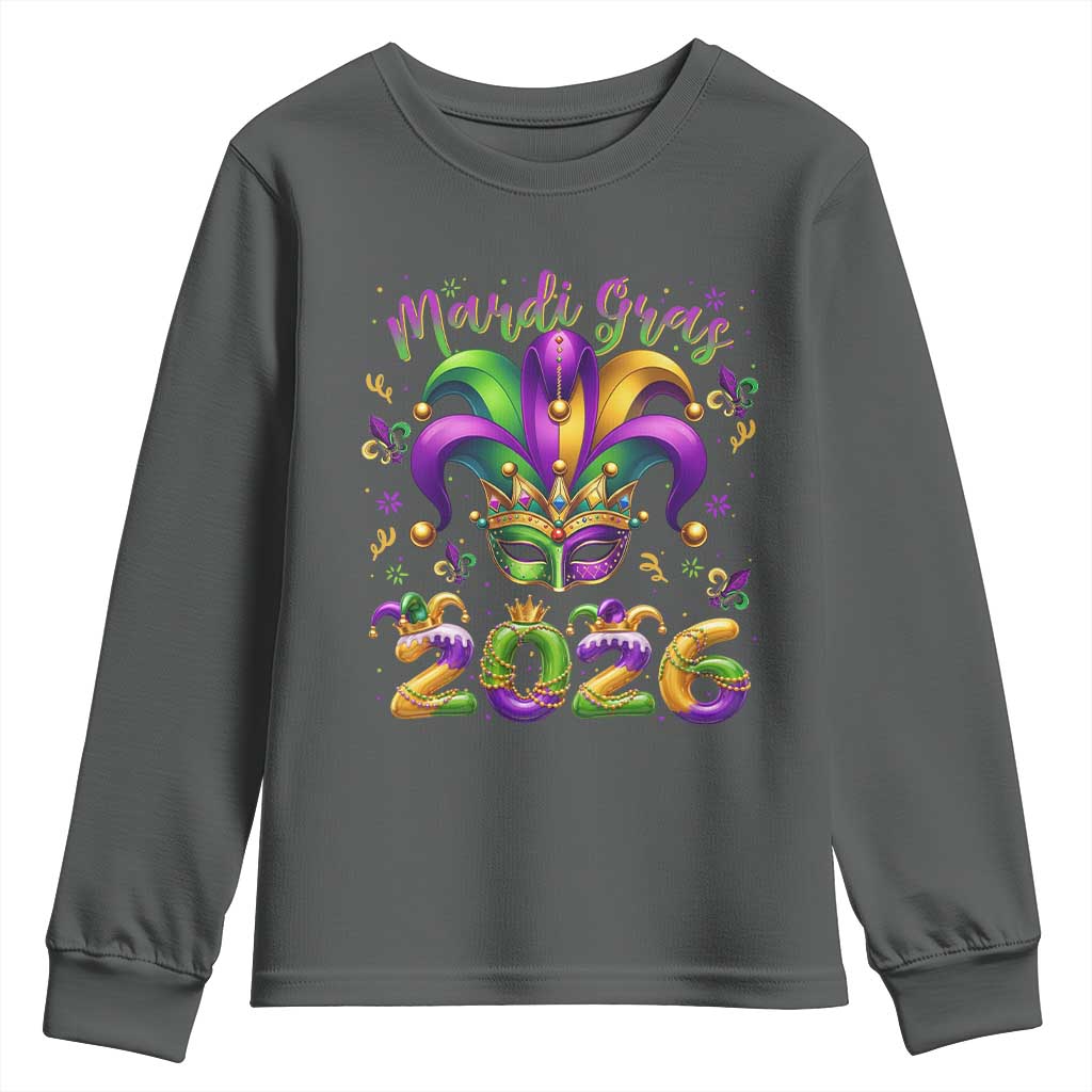 Mardi Gras 2026 Youth Sweatshirt Funny Jester Hat Carnival Fleur De Lis TS11 Dark Heather Print Your Wear