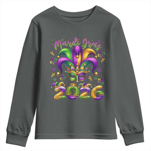 Mardi Gras 2026 Youth Sweatshirt Funny Jester Hat Carnival Fleur De Lis TS11 Dark Heather Print Your Wear