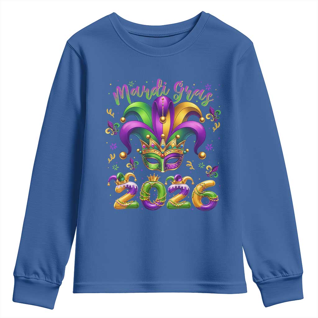 Mardi Gras 2026 Youth Sweatshirt Funny Jester Hat Carnival Fleur De Lis TS11 Royal Blue Print Your Wear
