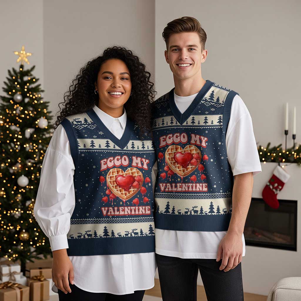 Eggo My Valentine V-Neck Knit Sweater Vest Funny Romantic Stranger Valentine's Day TS11 Navy Beige Print Your Wear