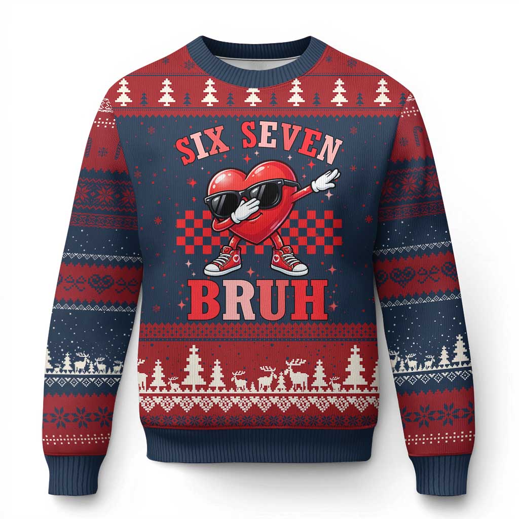 Funny Six Seven Bruh Valentines Day Ugly Christmas Sweater Six Seven Dabbing Heart TS11 Navy Red Print Your Wear