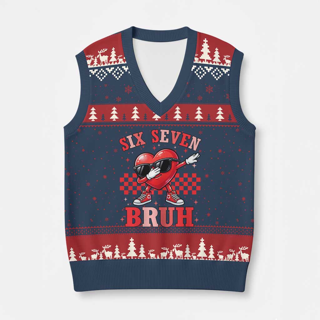Funny Six Seven Bruh Valentines Day V-Neck Knit Sweater Vest Six Seven Dabbing Heart TS11 Navy Red Print Your Wear