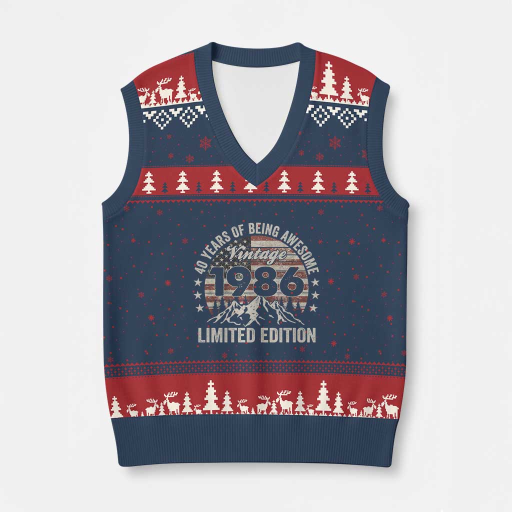40th Birthday Made In 1986 Limited Edition V-Neck Knit Sweater Vest 40 Years Of Being Awesome American Flag TS11 Navy Red Print Your Wear