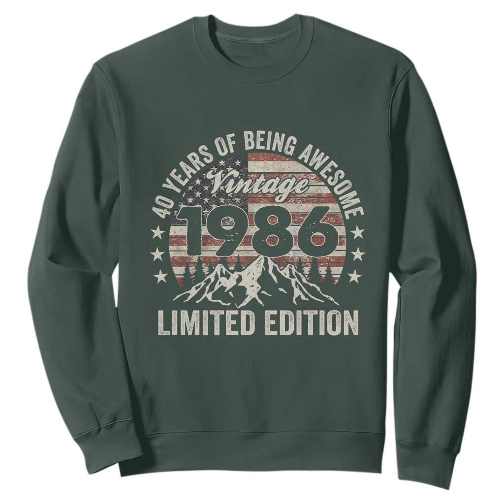 40th Birthday Made In 1986 Limited Edition Sweatshirt 40 Years Of Being Awesome American Flag TS11 Dark Forest Green Print Your Wear