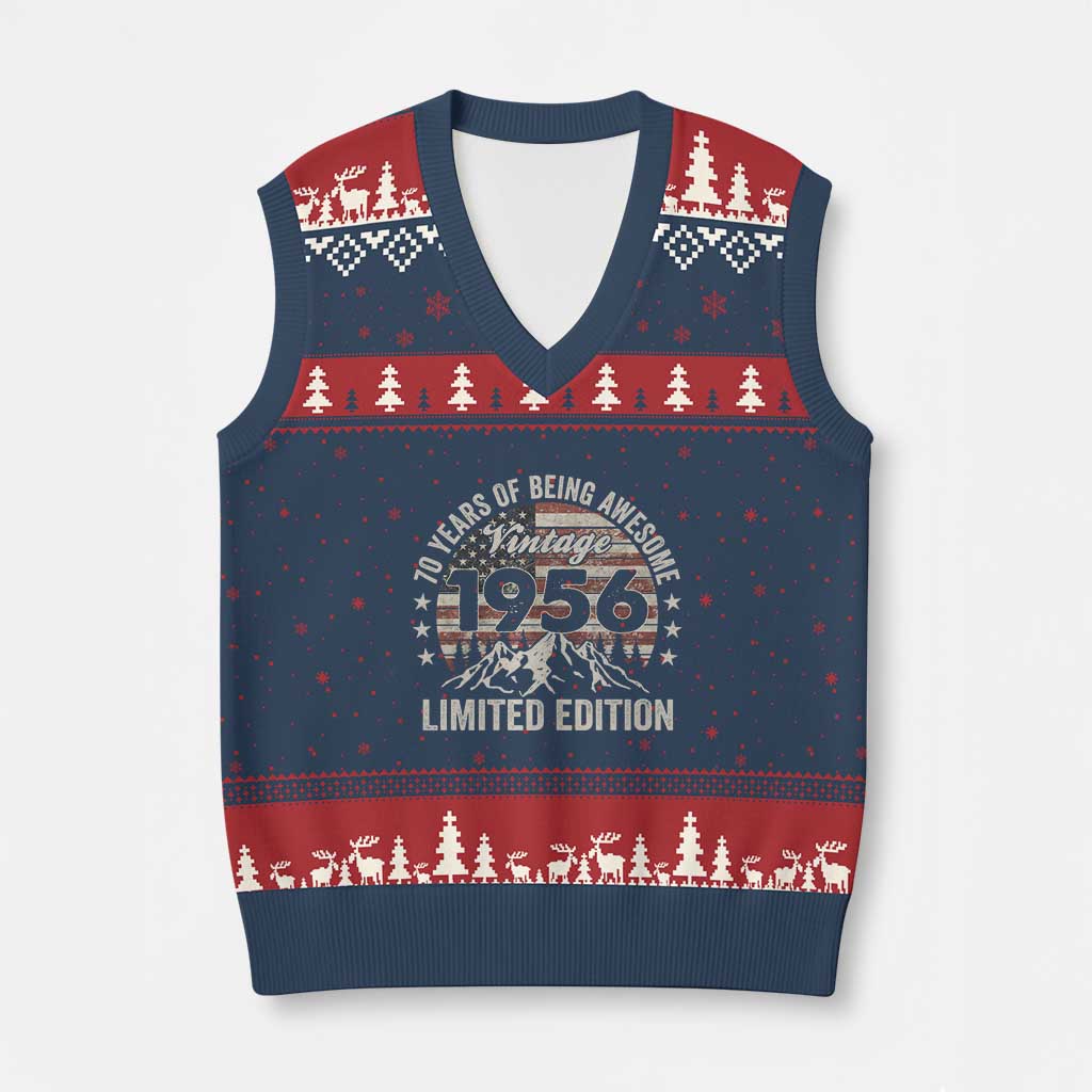70th Birthday Made In 1956 Limited Edition V-Neck Knit Sweater Vest 70 Years Of Being Awesome American Flag TS11 Navy Red Print Your Wear