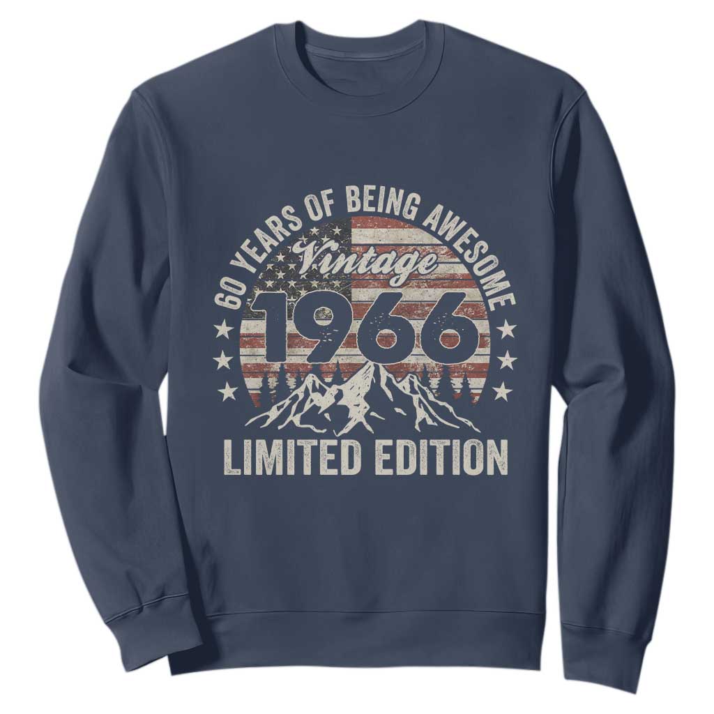 60th Birthday Vintage 1966 Limited Edition Sweatshirt 60 Years Of Being Awesome American Flag TS11 Navy Print Your Wear