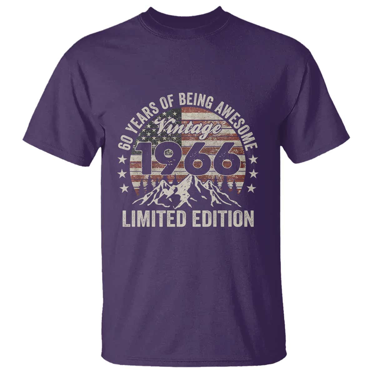60th Birthday Vintage 1966 Limited Edition T Shirt - 60 Years Of Being Awesome American Flag Tee TS11 Purple Print Your Wear