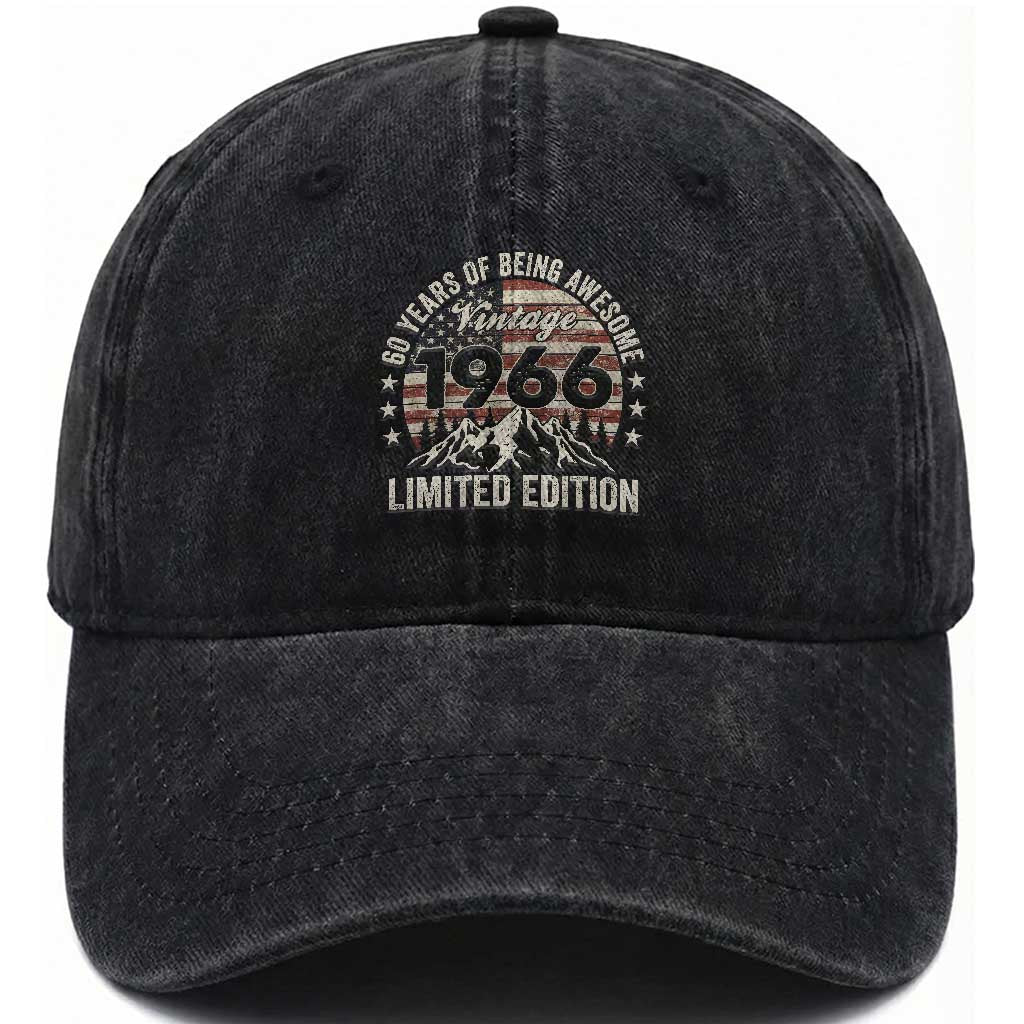 60th Birthday Vintage 1966 Limited Edition Washed Cotton Baseball Cap 60 Years Of Being Awesome American Flag TS11 Print Your Wear